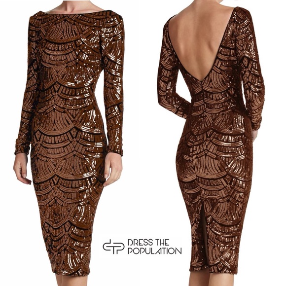 Dress the Population Emery Bronze Sequin Bodycon Dress S Cocktail Long Sleeve - Picture 1 of 17
